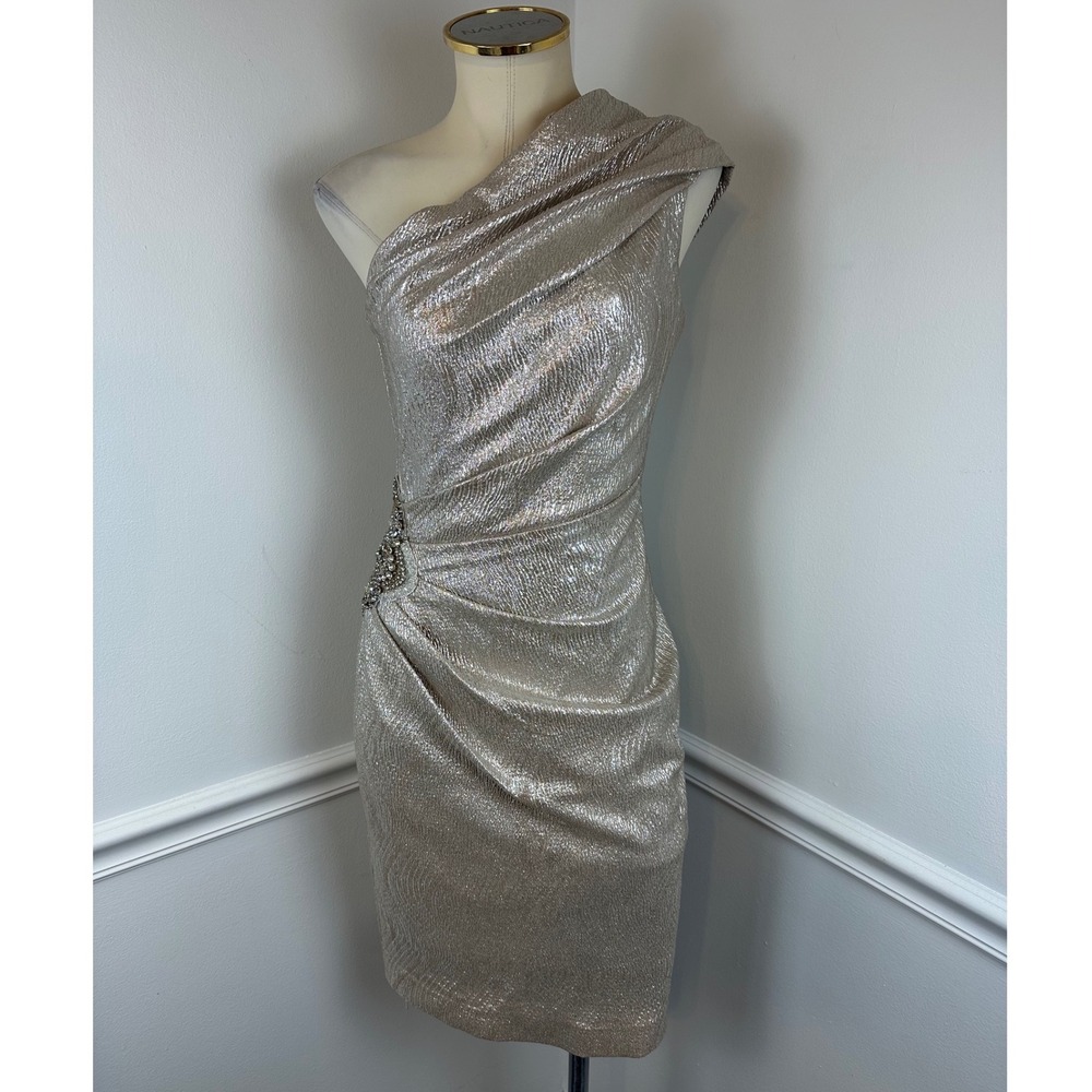 ELIZA J Gold/Silver Metallic One Shoulder Embellished Side Ruched Dress Formal 4